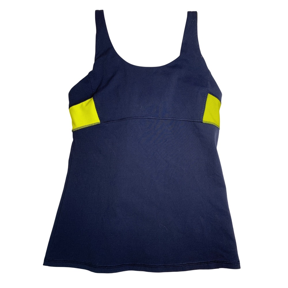 Athleta Start Up Tank Top Navy Blue Neon Yellow Strappy Cross Back‎ Shelf Bra S